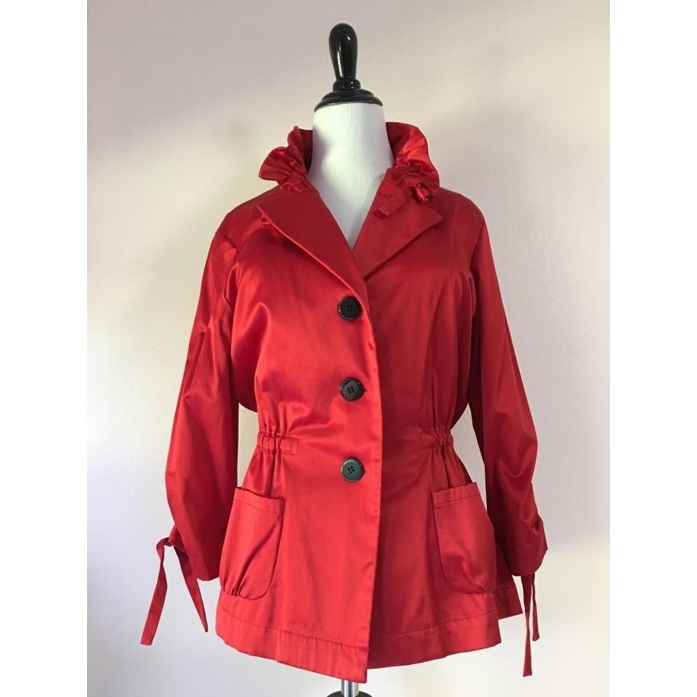 Red Ruffle Collar Satin Bombshell Jacket Coat Blazer Women 4 S Pinup Retro Sexy